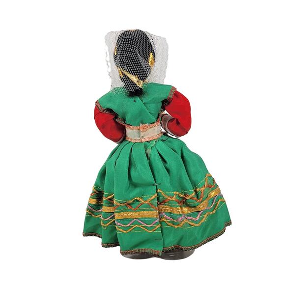 Folk Doll with Green Outfit and Veil - Handcrafted Vintage 7" Traditional Outfit - Picture 4 of 12